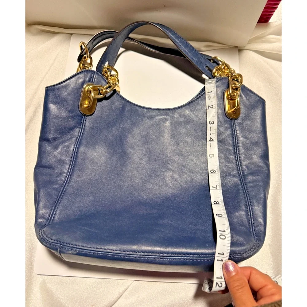 Michael Kors Fulton Large Navy Blue Pebbled Leather Hobo Shoulder Bag Gold